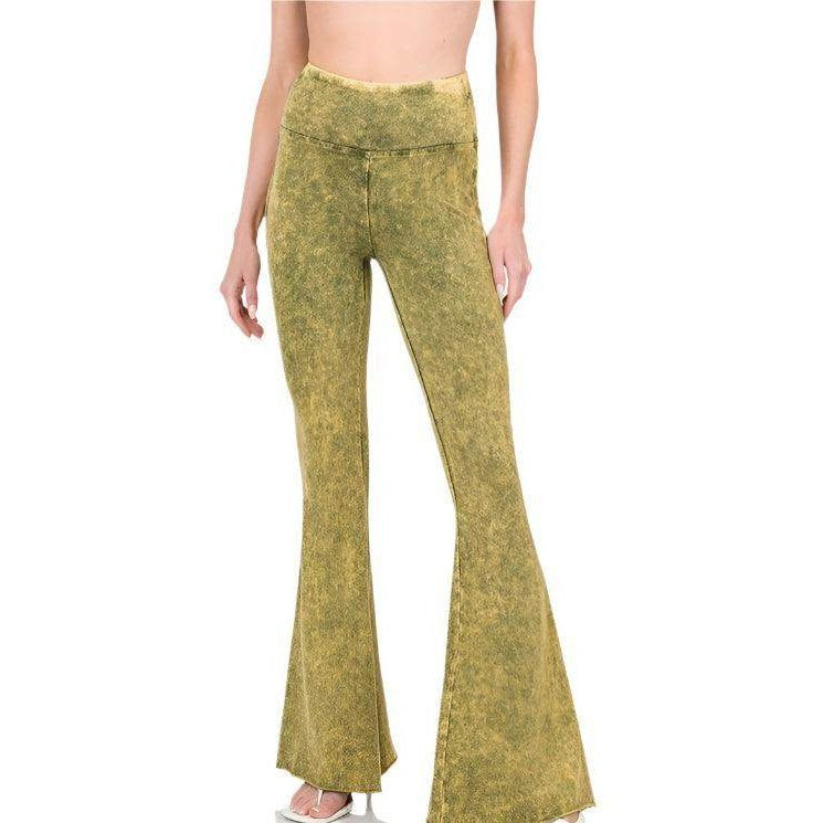 ZENANA Women's Flared Jeans in Olive Green with Raw Edge Hem Trousers for a Trendy Look