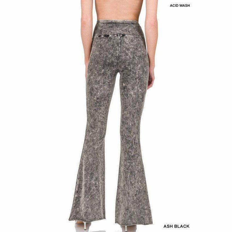 ZENANA Women's Acid Wash Raw Edge Hem Trousers with Flared Legs in Ash Black