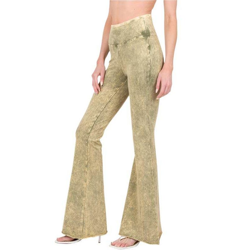 ZENANA Women's Flared Jeans in Olive with Raw Edge Hem Trousers for a Trendy Look