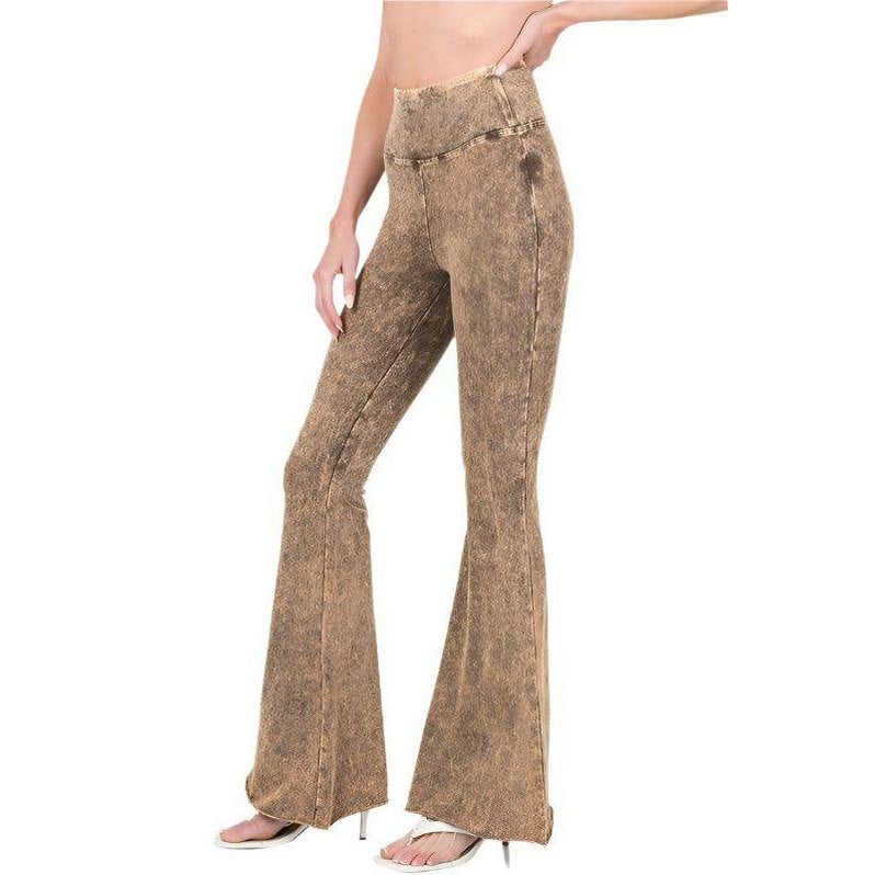 ZENANA Women's Flared Jeans with Raw Edge Hem Trousers in Trendy Brown Texture