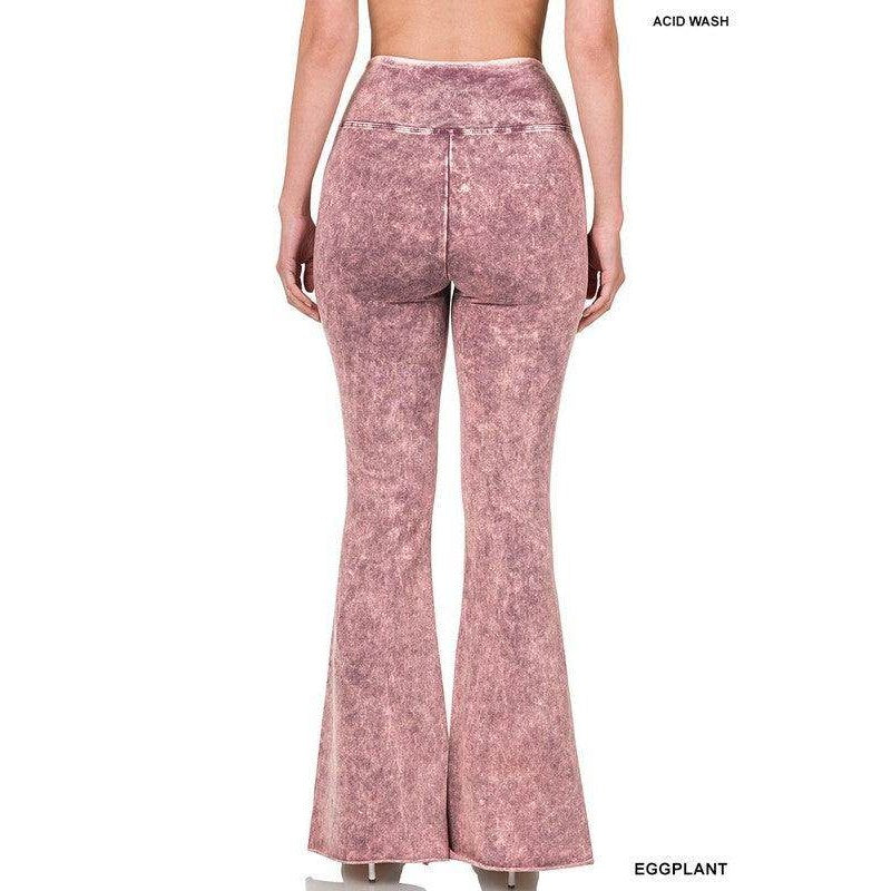 ZENANA Women's Acid Wash Raw Edge Hem Trousers in Eggplant with Flared Cut and High Waist Design