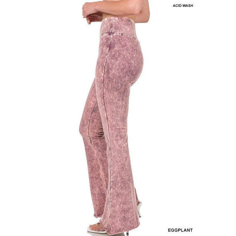 ZENANA Women's Raw Edge Hem Trousers in Eggplant with Flared Design and Acid Wash Finish