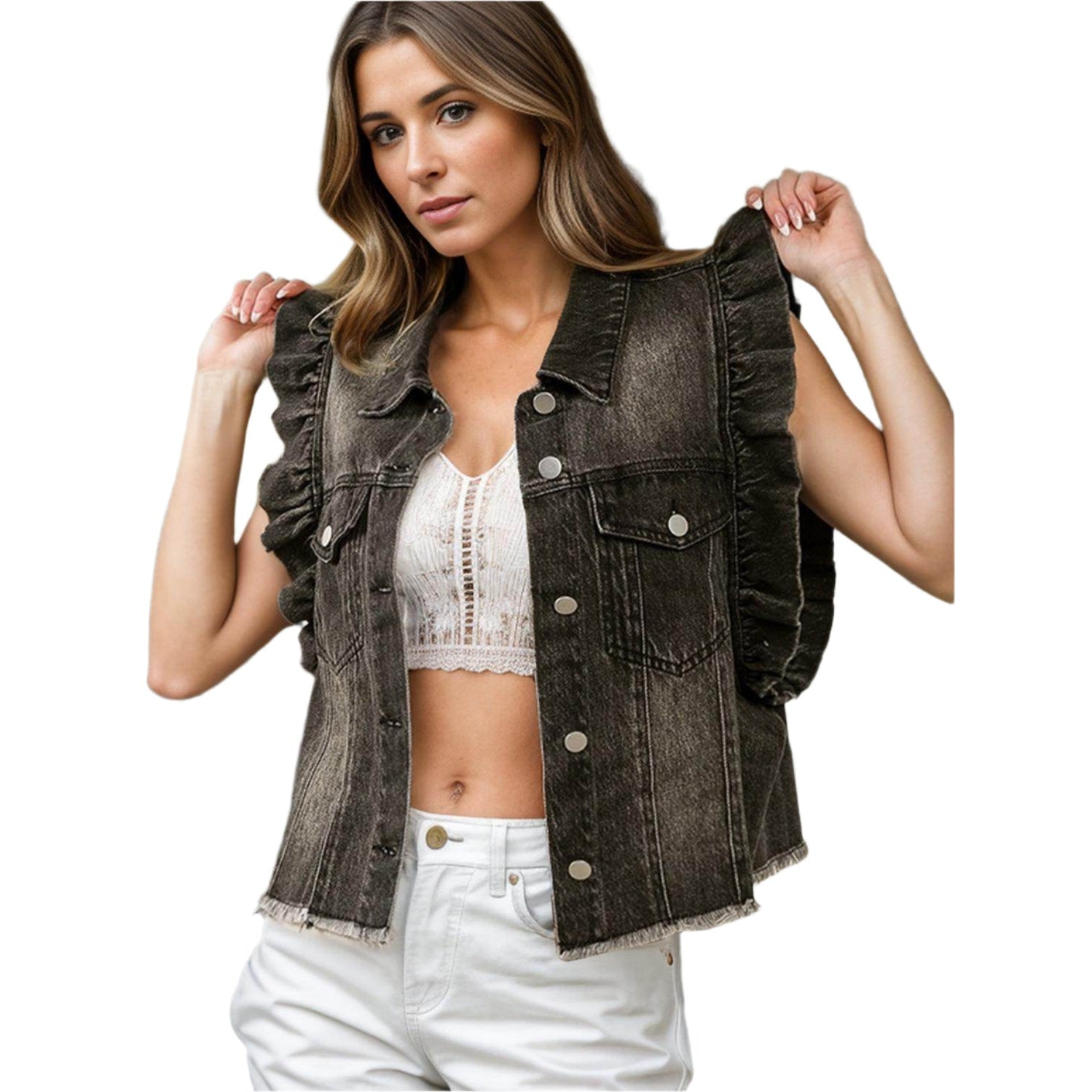 Raw Hem Ruffled Cap Sleeve Denim Jacket - VacationGrabs