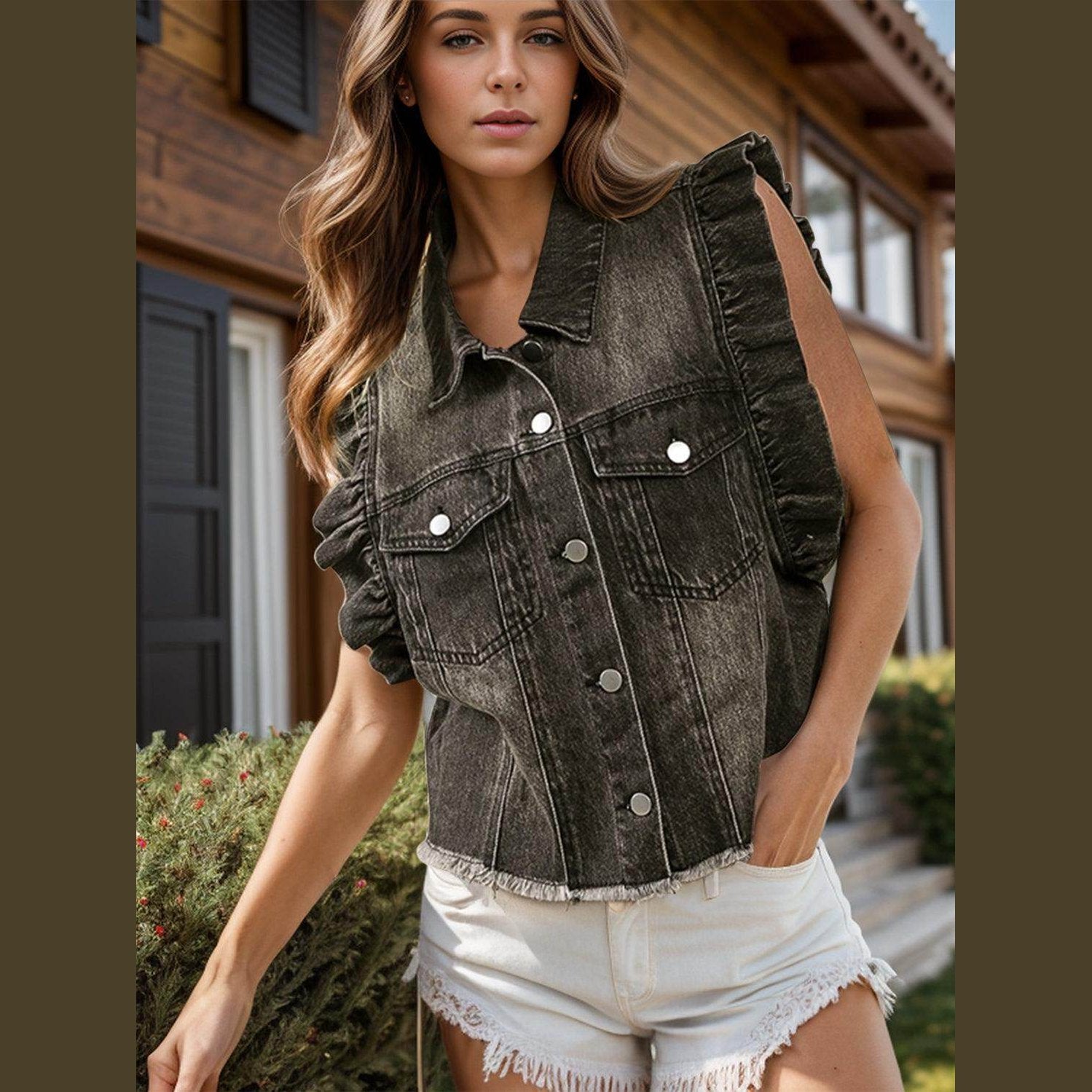 Raw Hem Ruffled Cap Sleeve Denim Jacket - VacationGrabs