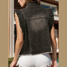 Raw Hem Ruffled Cap Sleeve Denim Jacket - VacationGrabs