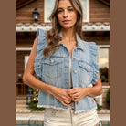 Raw Hem Ruffled Cap Sleeve Denim Jacket - VacationGrabs