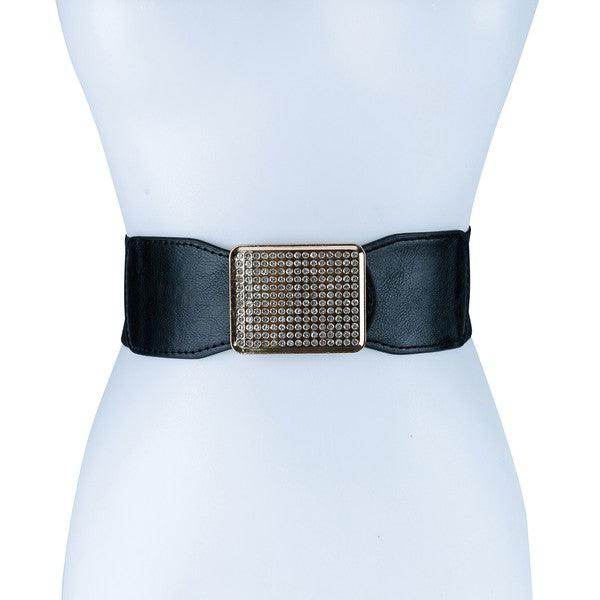 Rectangle Rhinestoned Smocked Leather Belt - VacationGrabs