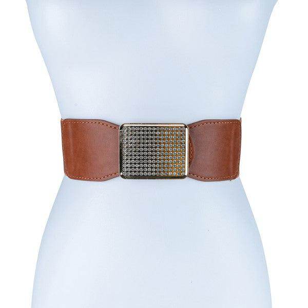 Rectangle Rhinestoned Smocked Leather Belt - VacationGrabs