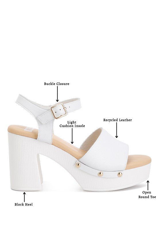 White recycled leather block heel sandals for stylish summer outings