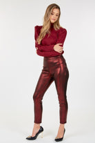 VacationGrabs women's ankle length faux leather pants in metallic burgundy style