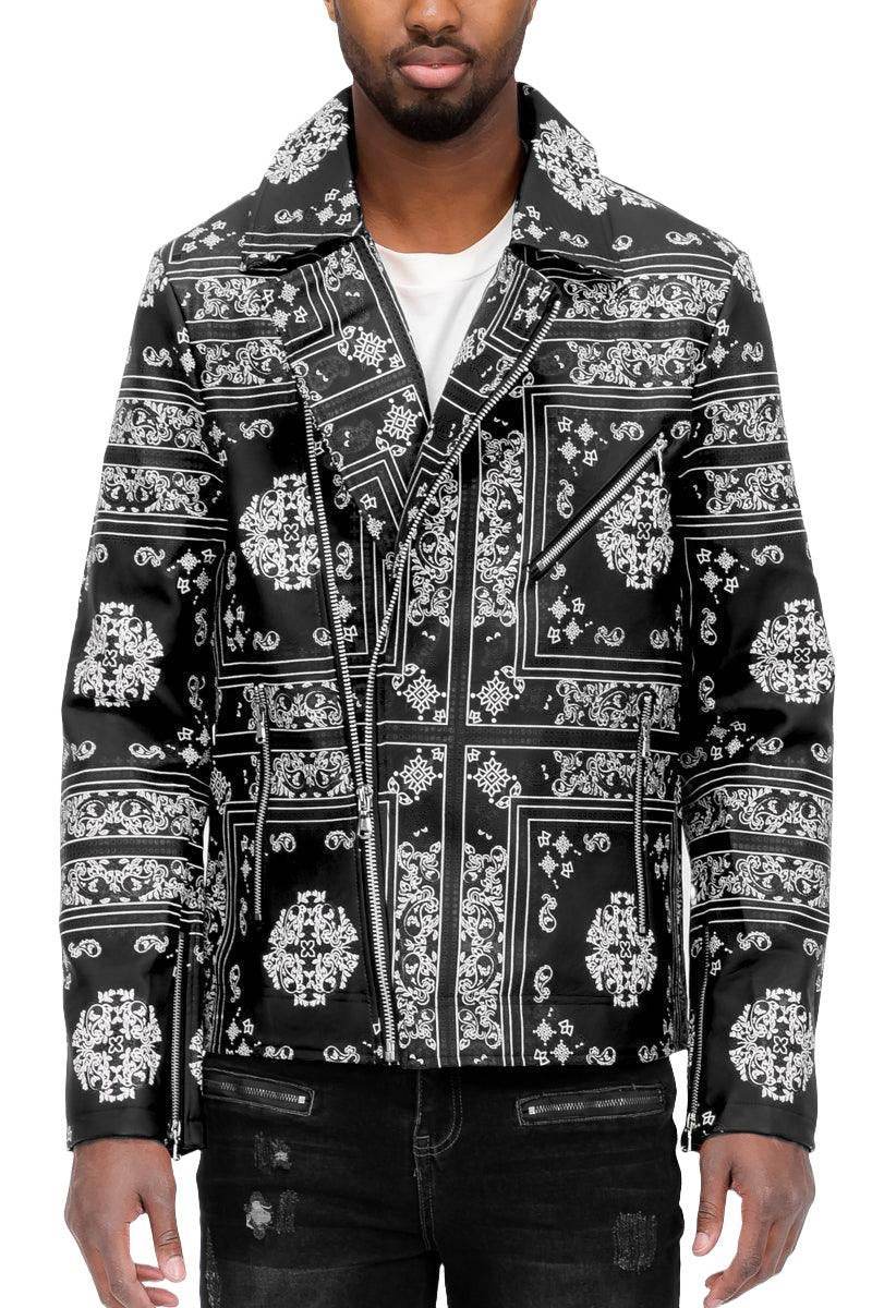 WEIV Men's Black and White Printed Jacket with Red Bandana Leather Jacket Style