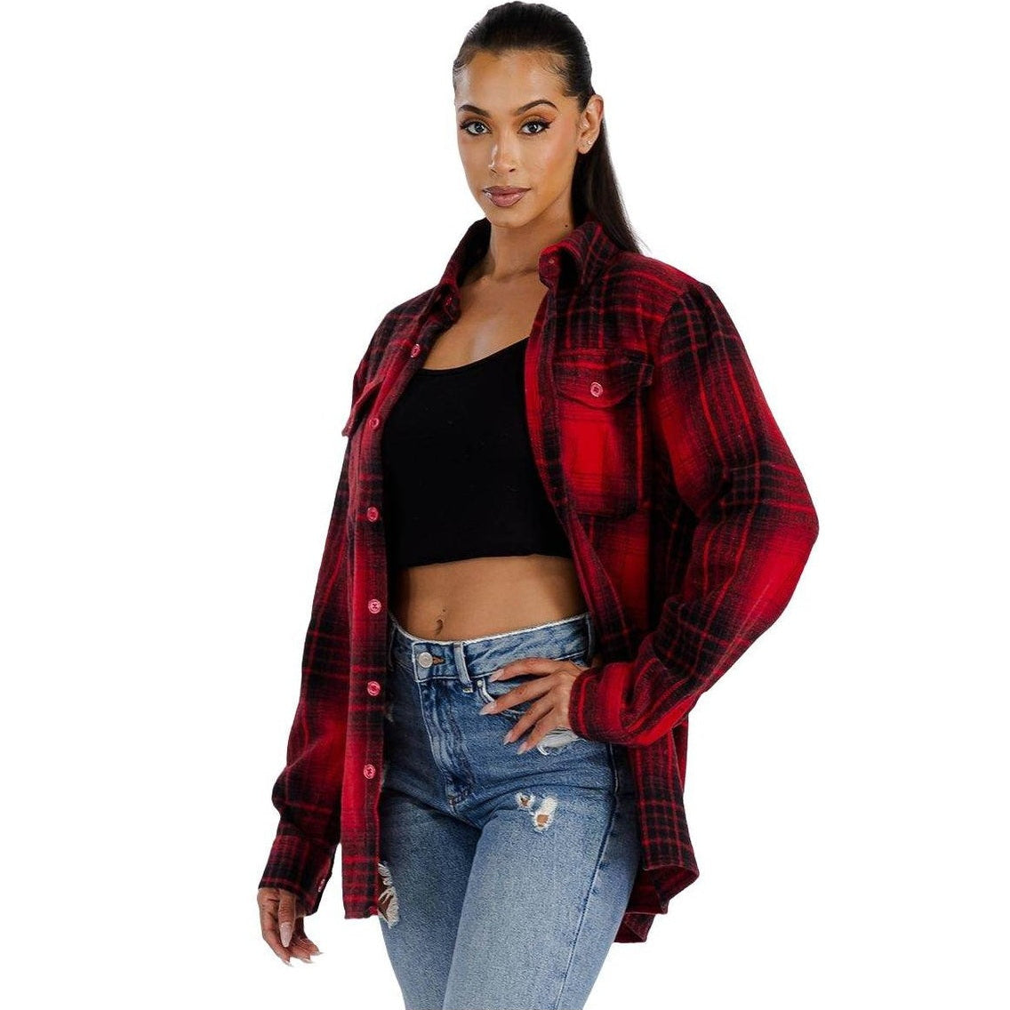 Women's WEIV red black plaid shacket styled with a black crop top and distressed jeans