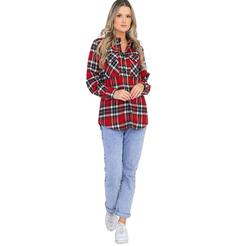 Red boyfriend plaid flannel shirt featuring a relaxed fit and two chest pockets for women