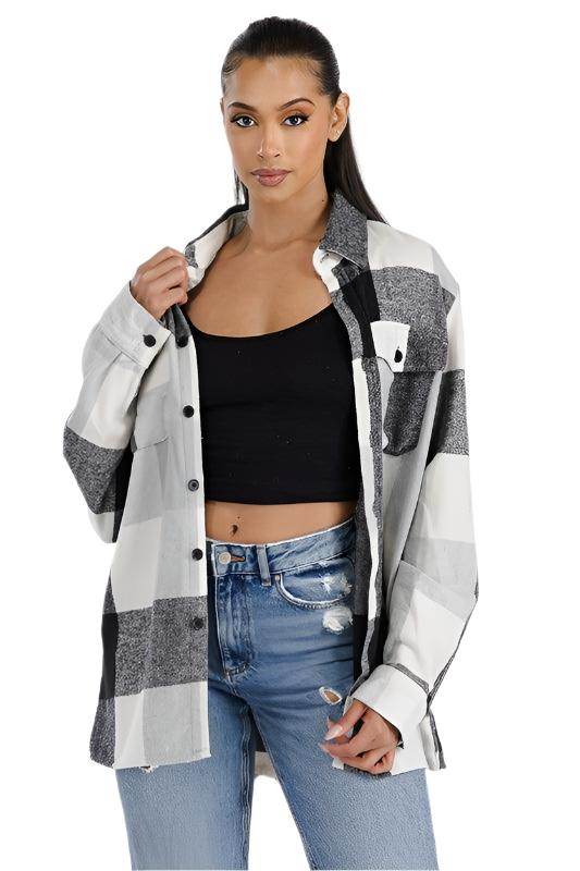 Stylish women's red plaid oversized shacket for a trendy layered look