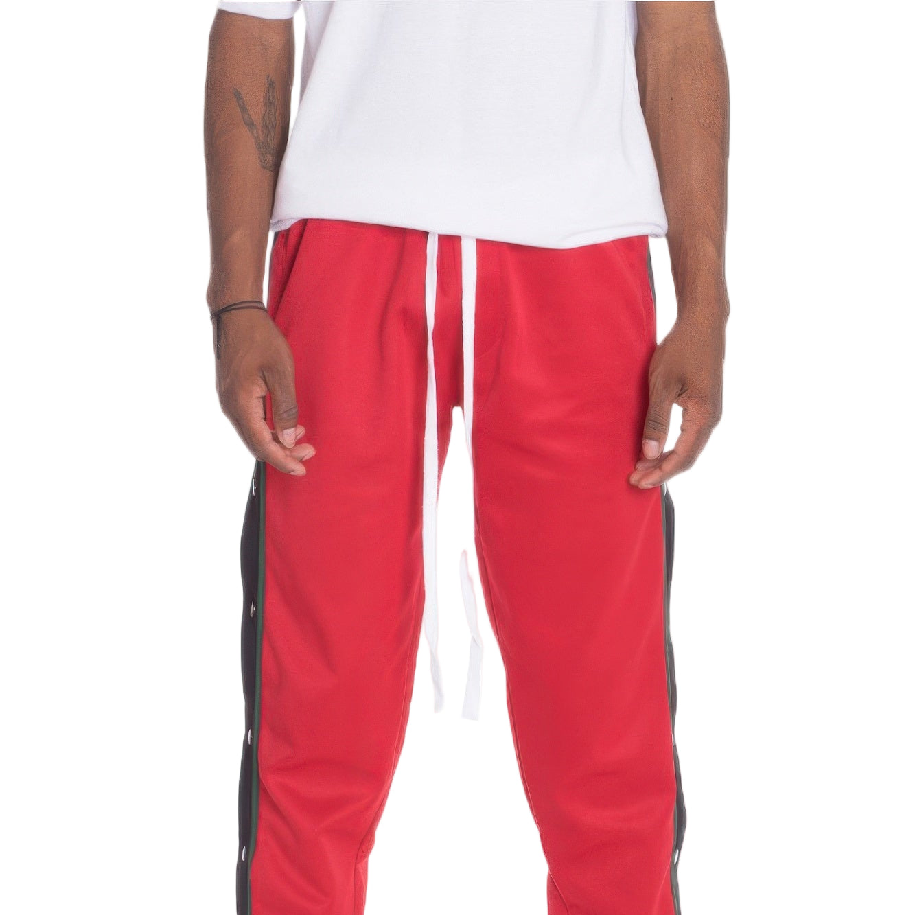 VacationGrabs men's snap button track pants in red with black side panels and white drawstring
