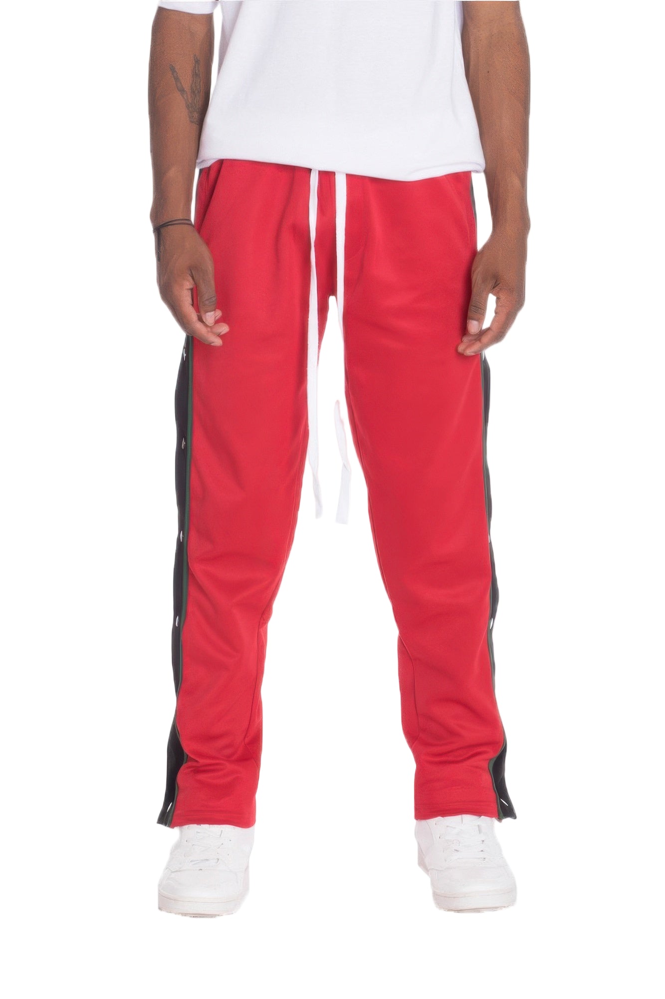 VacationGrabs men's snap button track pants in red with black side panels and white drawstring