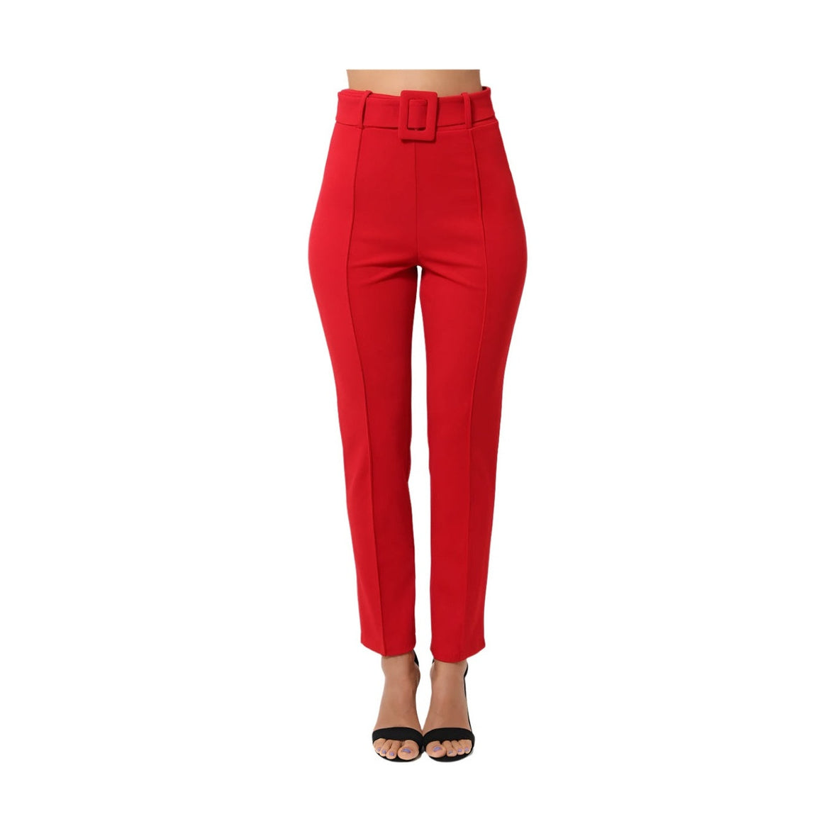 VacationGrabs red tapered ankle pants women with high waist and belt detail