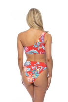 Back view of red tropical one shoulder bikini with vibrant floral print by Beach Joy Bikini