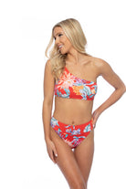 Beach Joy Bikini red tropical one shoulder bikini with vibrant floral print on model