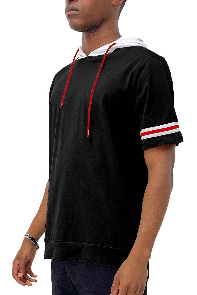 WEIV Men's Black Hoodie with Red White Stripe on Sleeves for Casual Style