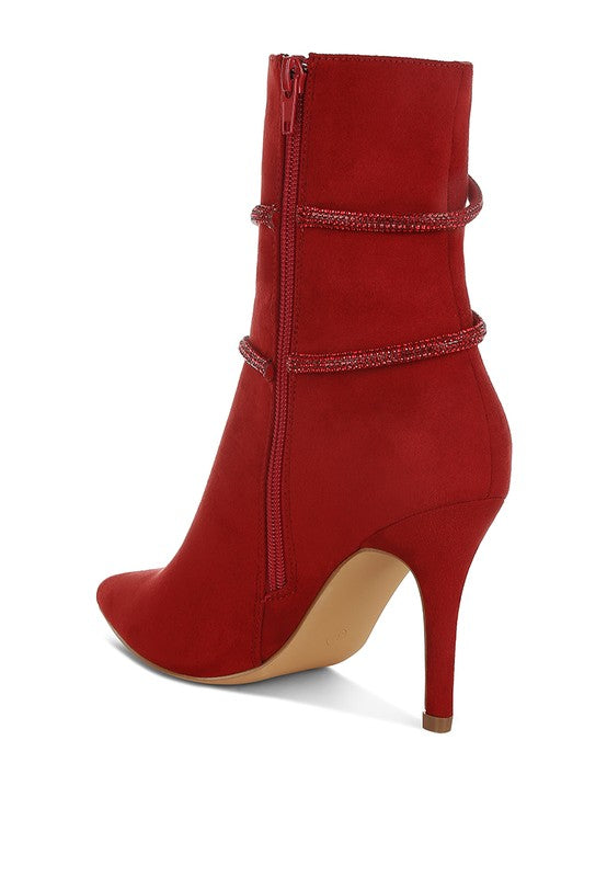 Rag Company red wrap around heeled boots with a stylish design and pointed toe