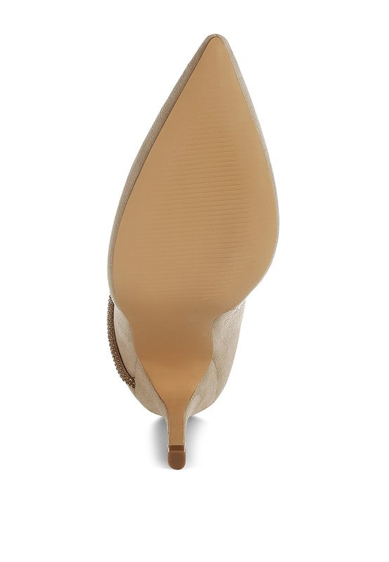 Sole view of Rag Company red wrap around heeled boots with pointed toe design