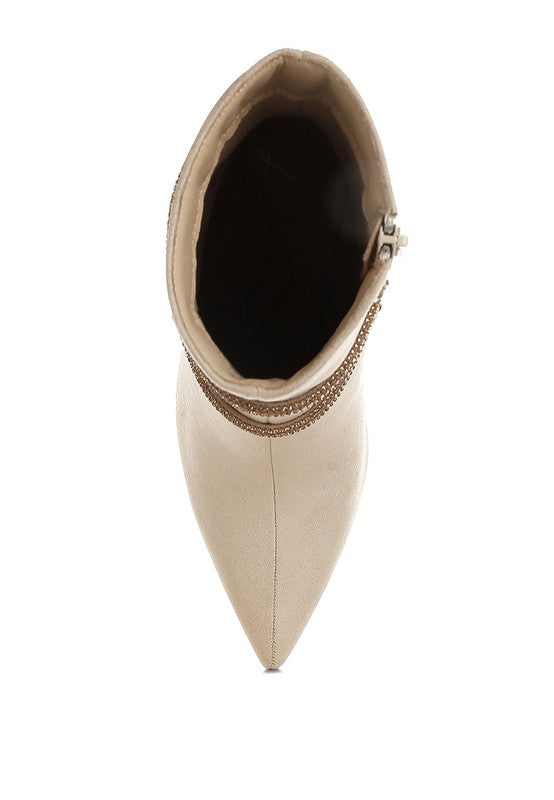 Rag Company red wrap around heeled boots with pointed toe and stylish chain detail