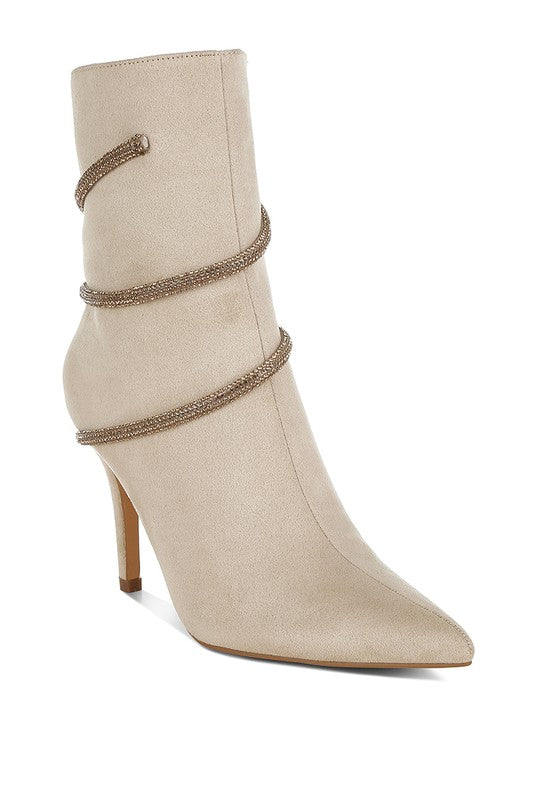Stylish beige Rag Company ankle boots featuring red wrap around heeled boots design for a chic look