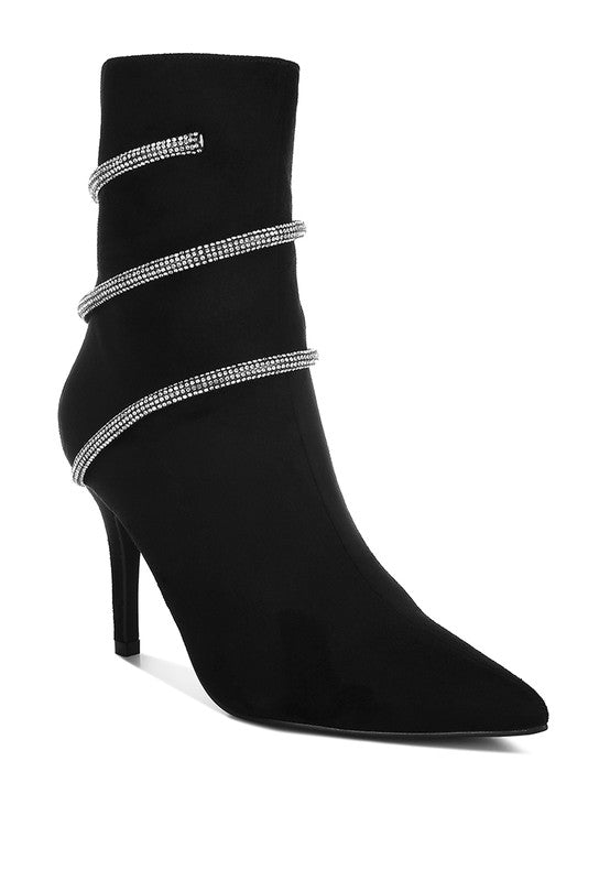 Rag Company black ankle boots featuring red wrap around heeled boots with sparkling rhinestone accents
