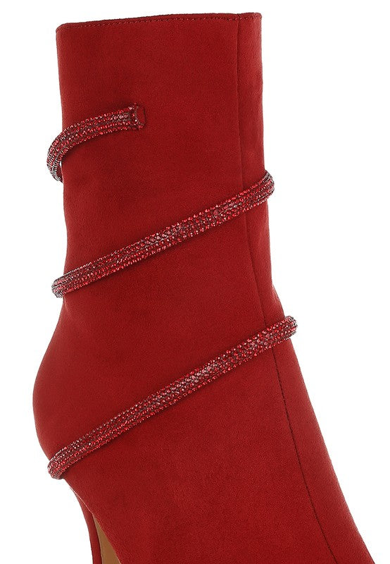 Rag Company red wrap around heeled boots featuring stylish ankle straps and a chic design