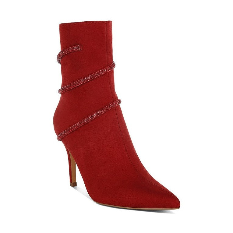 Rag Company red wrap around heeled boots with stylish design for an elegant look