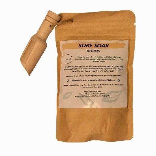 BeNat Sore Soak 4oz package with wooden scoop for a relaxing foot soak for colds