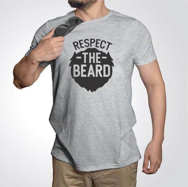 Gray Ocean and 7th Respect the Beard shirt featuring bold black lettering
