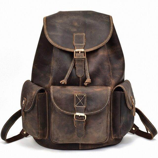 Vintage leather retro school backpack for students with multiple pockets and adjustable straps