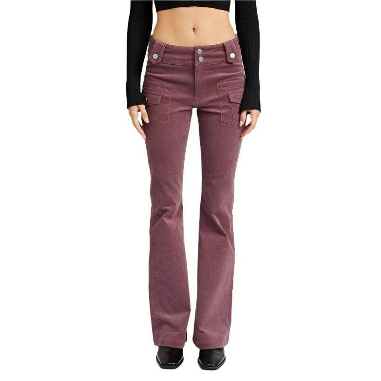 Emory Park Women's retro style low rise pants in maroon with front pockets and a flared leg design