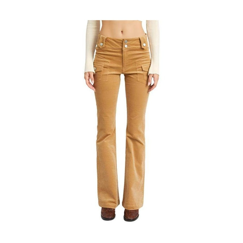 Emory Park retro style low rise pants in a warm tan color with front pockets and flared legs