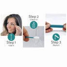 Reusable silicone cotton swabs by BeNat demonstrating usage, cleaning, and storage steps for eco-friendly toiletries