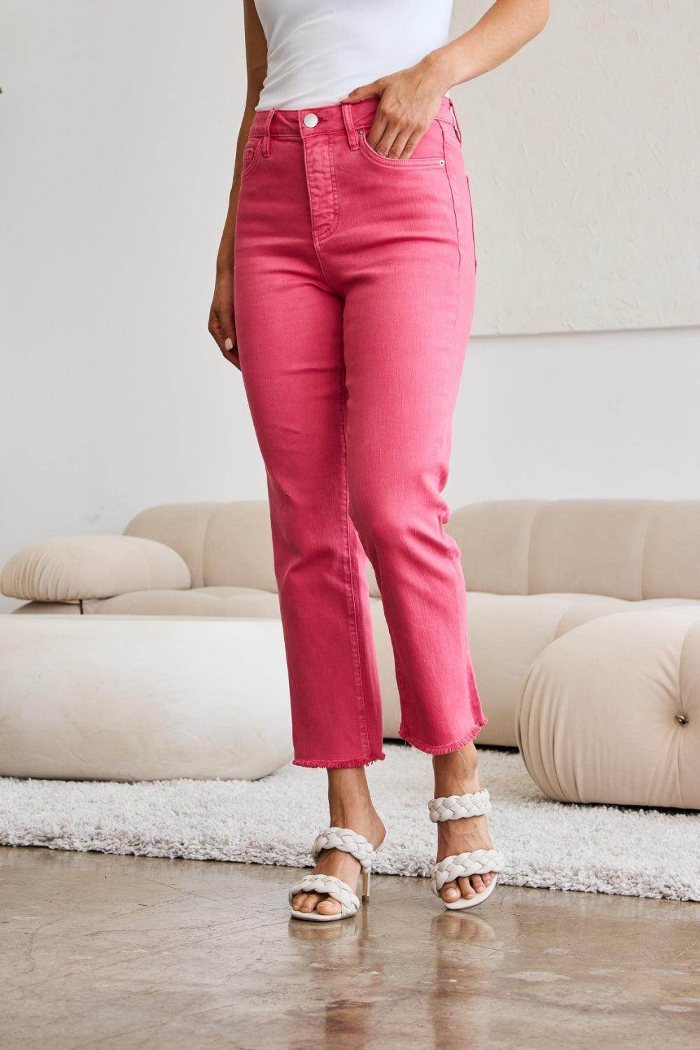 RFM Crop Dylan Full Size Tummy Control High Waist Raw Hem - VacationGrabs