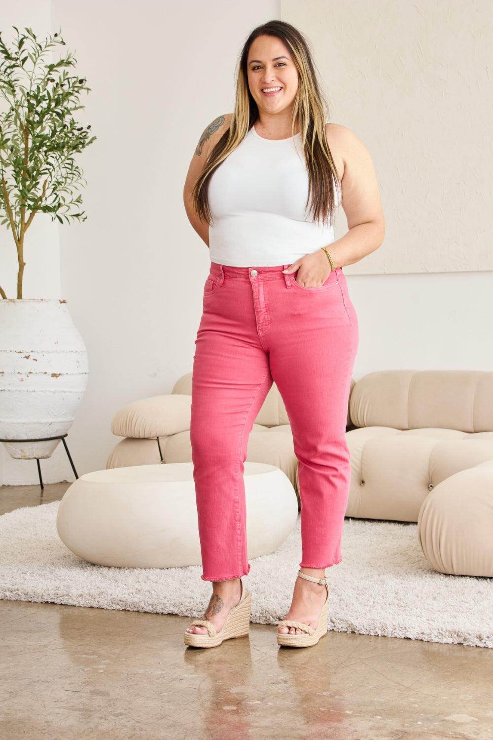 RFM Crop Dylan Full Size Tummy Control High Waist Raw Hem - VacationGrabs