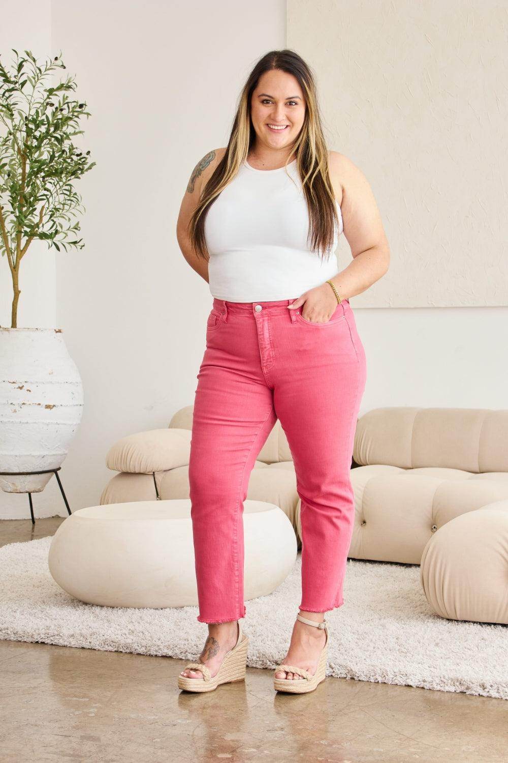 RFM Crop Dylan Full Size Tummy Control High Waist Raw Hem - VacationGrabs