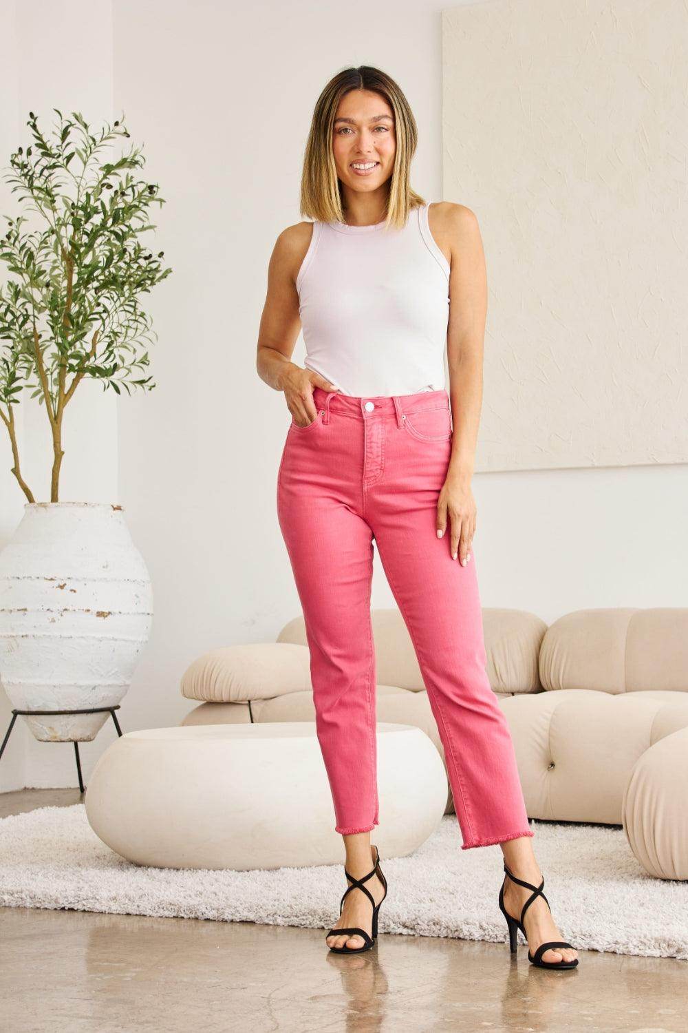 RFM Crop Dylan Full Size Tummy Control High Waist Raw Hem - VacationGrabs
