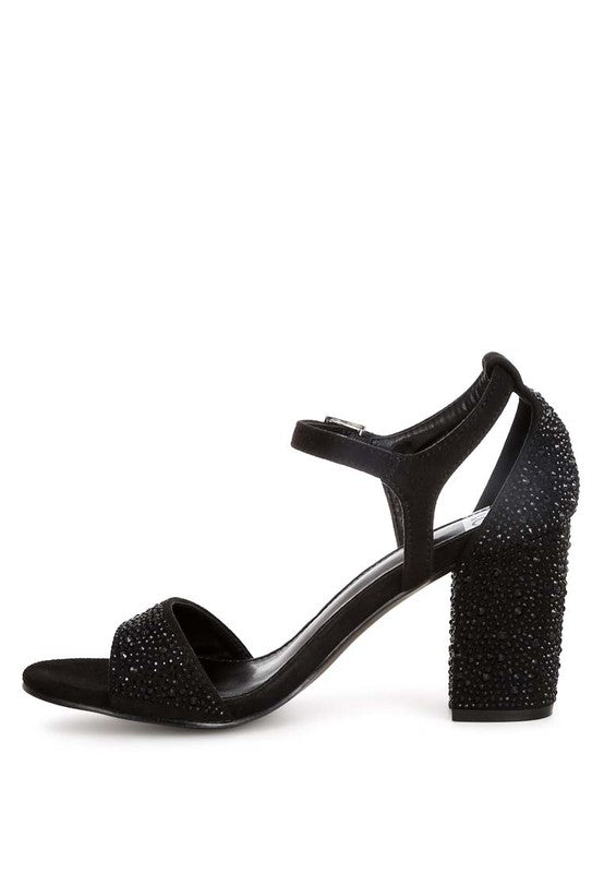 Women's black rhinestone embellished sandals with block heel for stylish occasions
