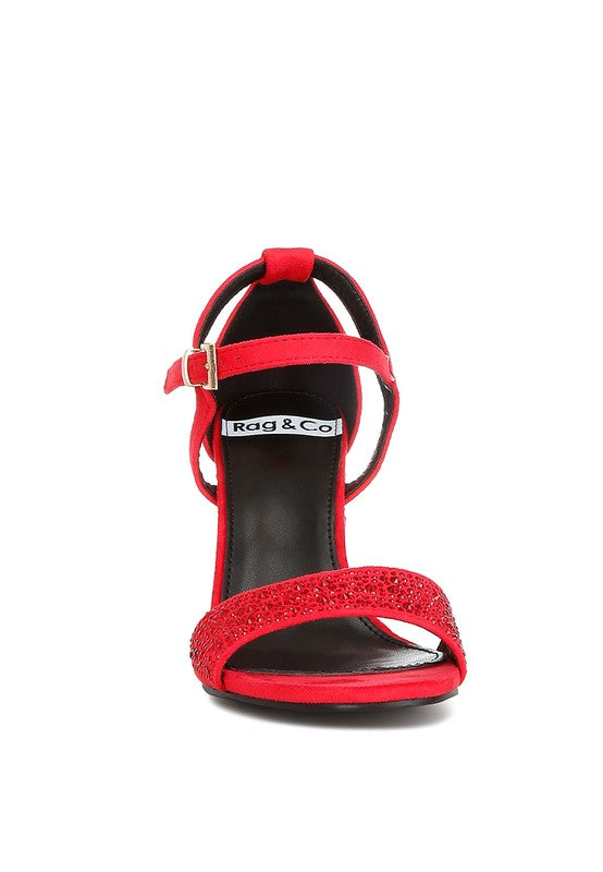 Rag Company red rhinestone embellished sandals for stylish evening wear