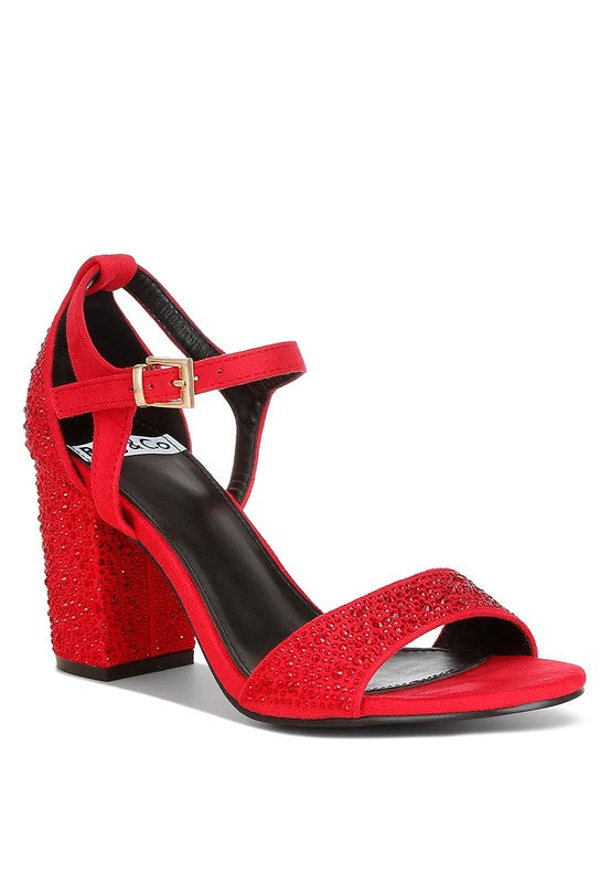 Red rhinestone embellished sandals, stylish heels for special occasions