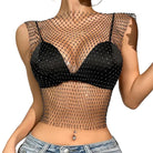 Rhinestone fishnet crop top shell only worn over black bra with sleeveless design and high neckline