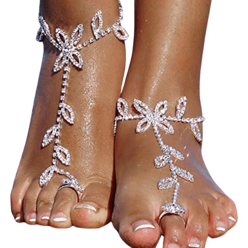 Elegant rhinestone toe ring jewelry featuring floral designs for a stylish beach look