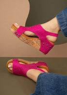 Maker's Shoes women's pink rhinestone wedge sandals with cork sole and ankle strap