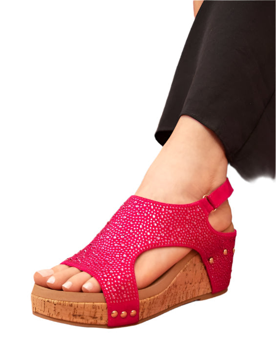 Maker's Shoes women's red rhinestone wedge sandals with cork sole and open toe design