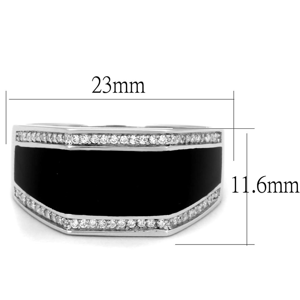 Rhodium 925 sterling silver ring with black inlay and sparkling accents, measuring 23mm by 11.6mm