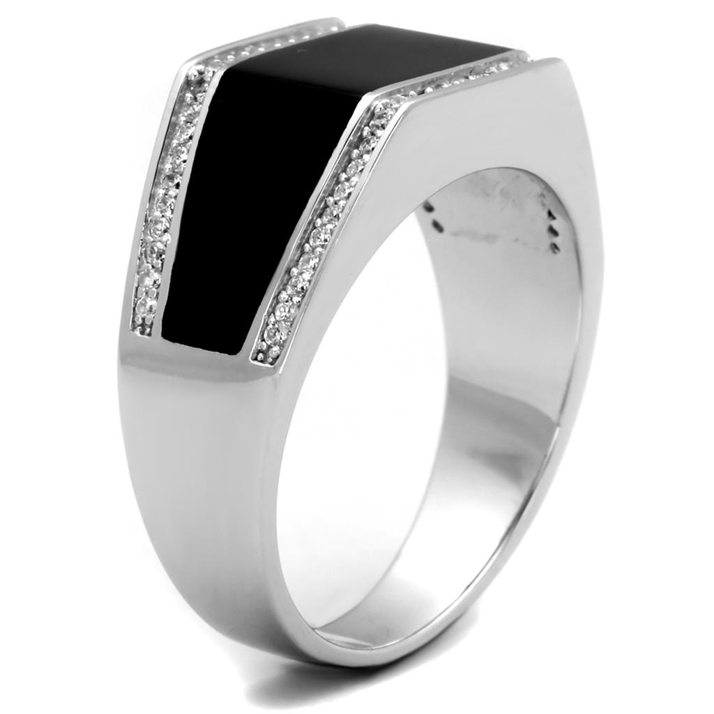 Rhodium 925 sterling silver ring with a black stone and sparkling accents for men